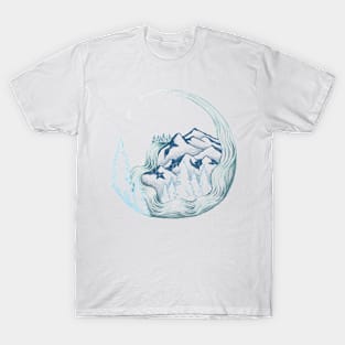 Mountain Waterfall Starry Night Illustration T-Shirt